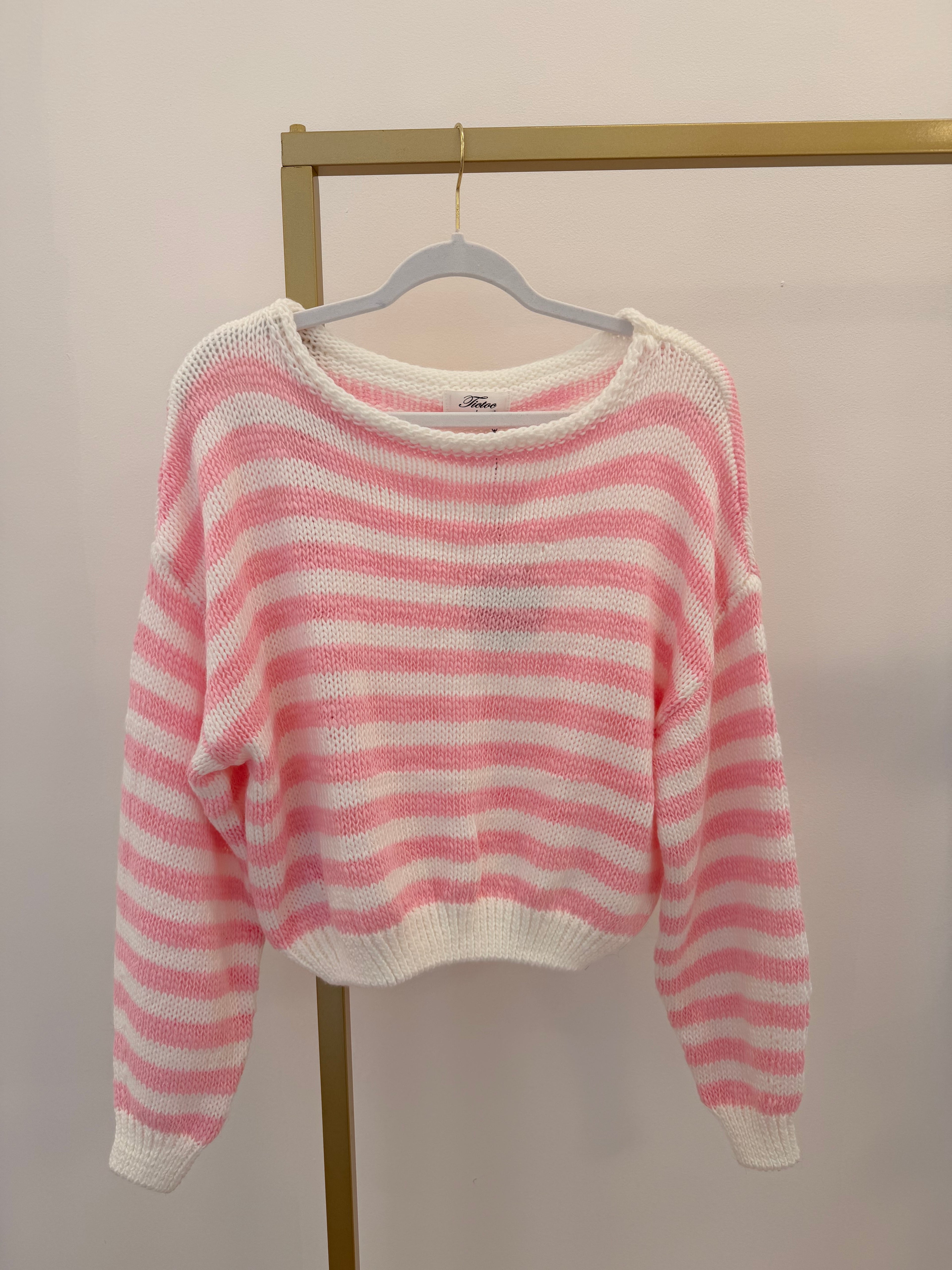 Pink + White Striped Cold-Shoulder Sweater