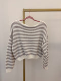 Grey + White Cold-Shoulder Striped Sweater