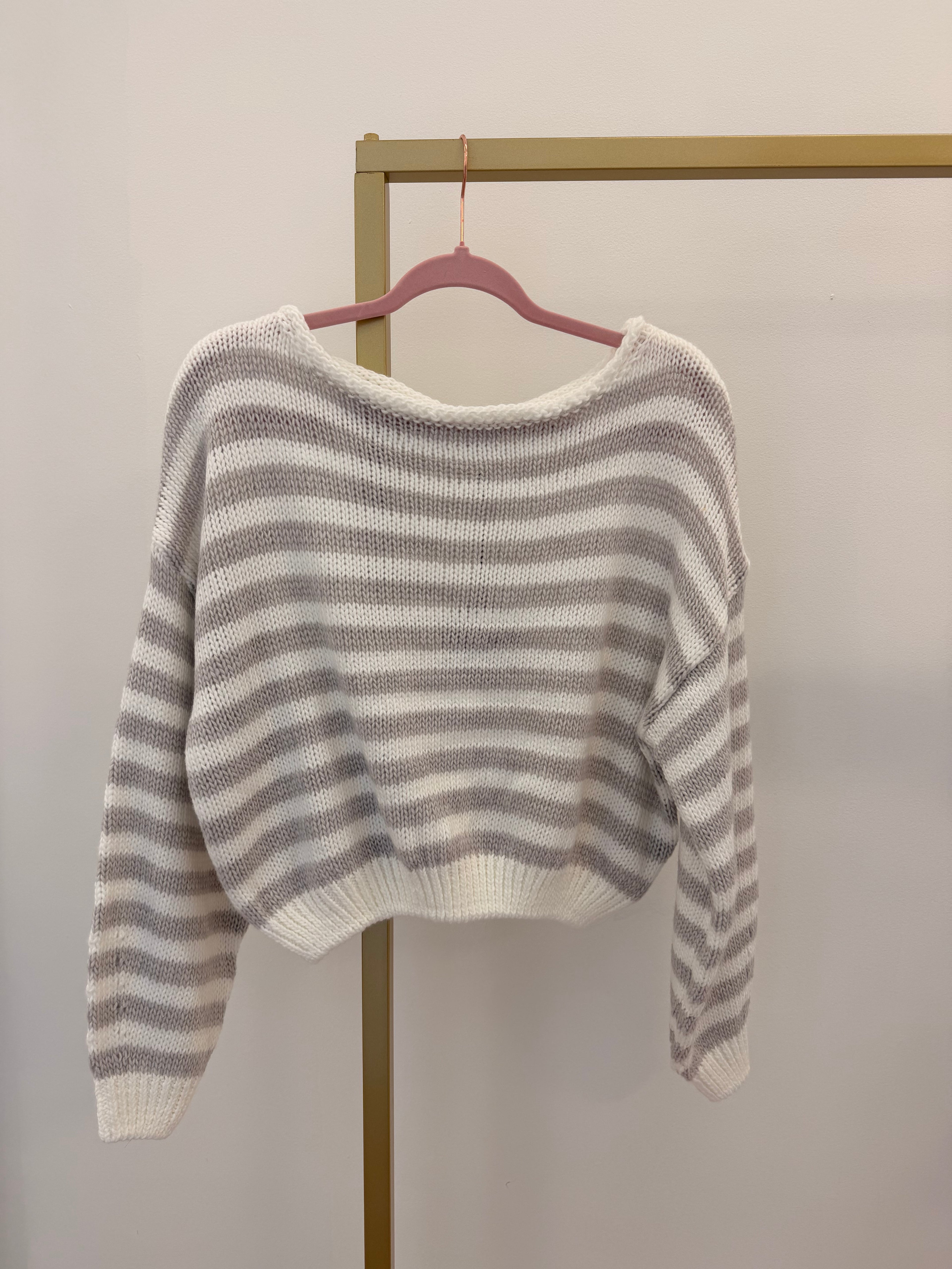 Grey + White Cold-Shoulder Striped Sweater