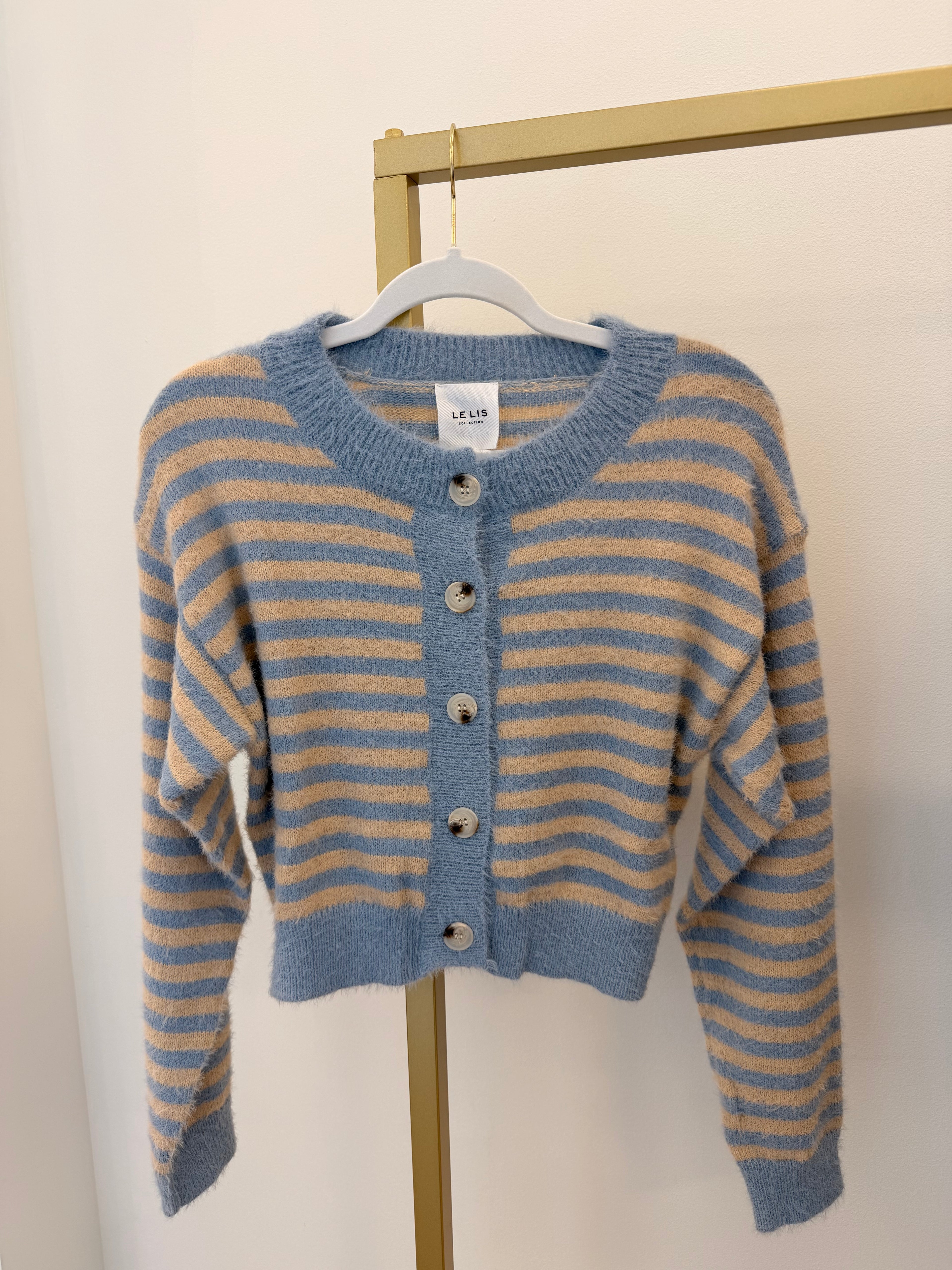 Blue + Beige Striped Cardigan Sweater